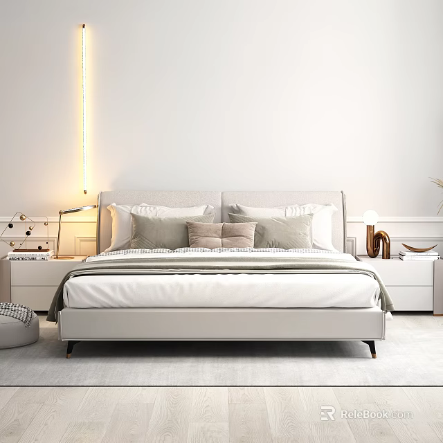 Modern Upholstered Double Bed in Minimalist Bedroom with Bedside Lamps and Pillows 3d model 