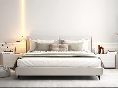 Modern Upholstered Double Bed in Minimalist Bedroom with Bedside Lamps and Pillows 3d model