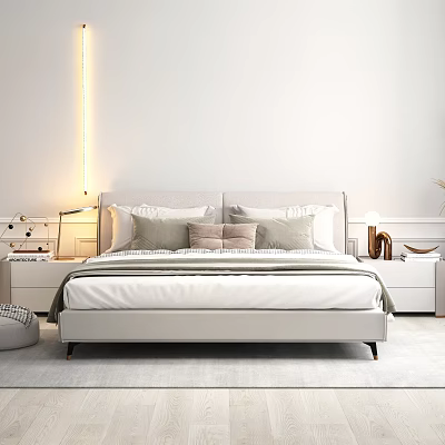 Modern Upholstered Double Bed in Minimalist Bedroom with Bedside Lamps and Pillows 3d model