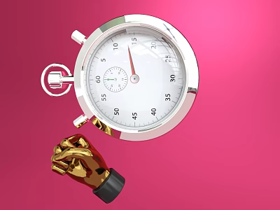 Modern Silver Stopwatch With Golden Fist Sculpture On Pink Background 3d model