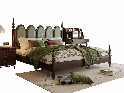 Classic Dark Wooden Double Bed With Arched Headboard Colorful Pillows Green Blanket And Nightstand 3d model