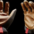 Pair of Brown and Black Leather Fabric Gloves With Detailed Stitching And Wrist Cuffs