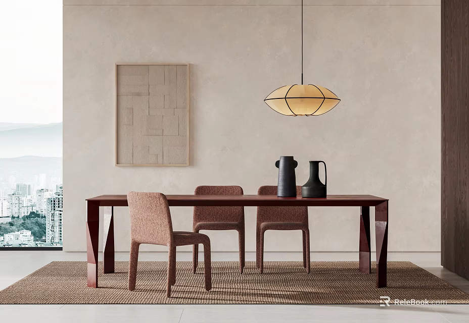 Contemporary Dining Table And Chairs With Vases Pendant Light And Wall Art 3d model 