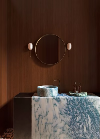 Modern Bathroom Washbasin With Circular Mirror Wooden Wall And Marble Countertop Toiletries 3d model