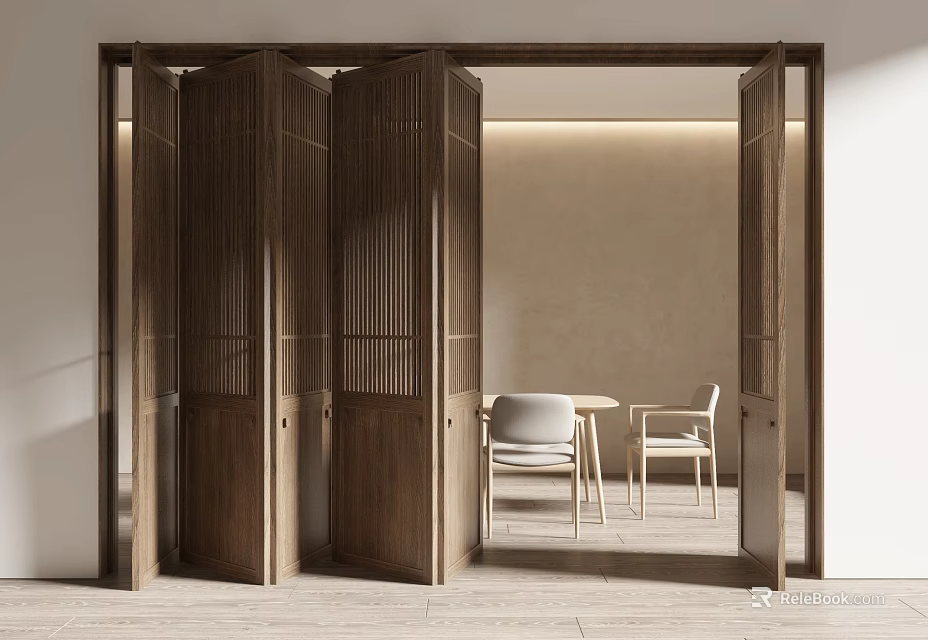 Modern Wooden Folding Doors With Lattice Design Open To Dining Area With Chairs And Table 3d model 
