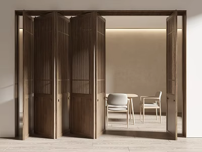 Modern Wooden Folding Doors With Lattice Design Open To Dining Area With Chairs And Table 3d model