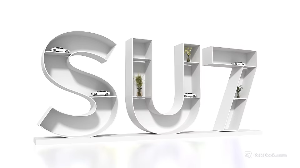 3D SU7 Letters With Internal Shelves Featuring Decorative Plants And Books 3d model 