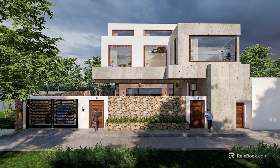 Modern Two Story Detached Villa With Concrete Facade Large Windows Stone Wall And Greenery 3d model 
