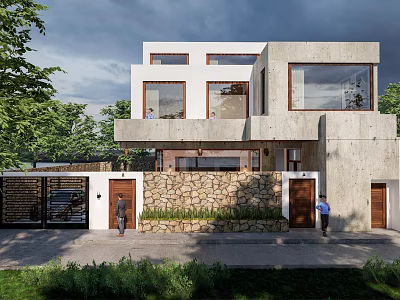 Modern Two Story Detached Villa With Concrete Facade Large Windows Stone Wall And Greenery 3d model