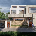 Modern Two Story Detached Villa With Concrete Facade Large Windows Stone Wall And Greenery