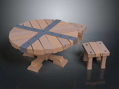 Round Wooden Table And Matching Stool With Cross Metal Straps And Solid Legs 3d model