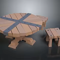 Round Wooden Table And Matching Stool With Cross Metal Straps And Solid Legs