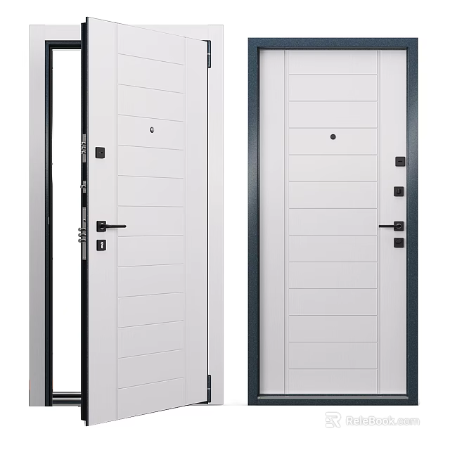 White Hinged Doors With Horizontal Panels And Black Frame For Home Interior 3d model 