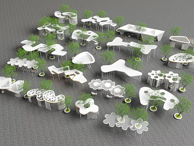 Modern White Pergola Designs With Various Shapes And Small Trees In Landscape 3d model
