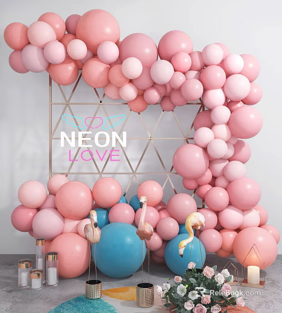 Colorful Balloon Decorations With Pink Blue Flamingo And Neon Love Sign 3d model 
