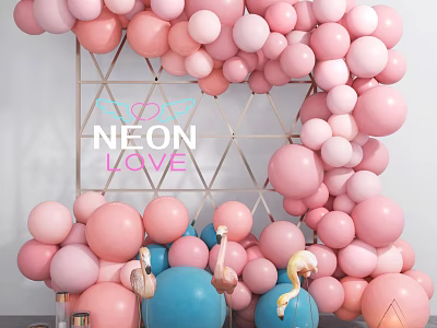 Colorful Balloon Decorations With Pink Blue Flamingo And Neon Love Sign 3d model