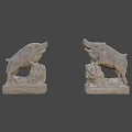 Two Stone Pig Statues With Intricate Carved Pedestals And Different Postures