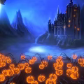 Enchanted Night Scene With Castle Mountain Glowing Pumpkin Lanterns And Moonlit Lake