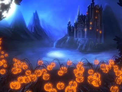 Enchanted Night Scene With Castle Mountain Glowing Pumpkin Lanterns And Moonlit Lake 3d model