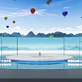 Outdoor Stage With Hot Air Balloons Mountain Landscape VTOS Logo And Water Pool