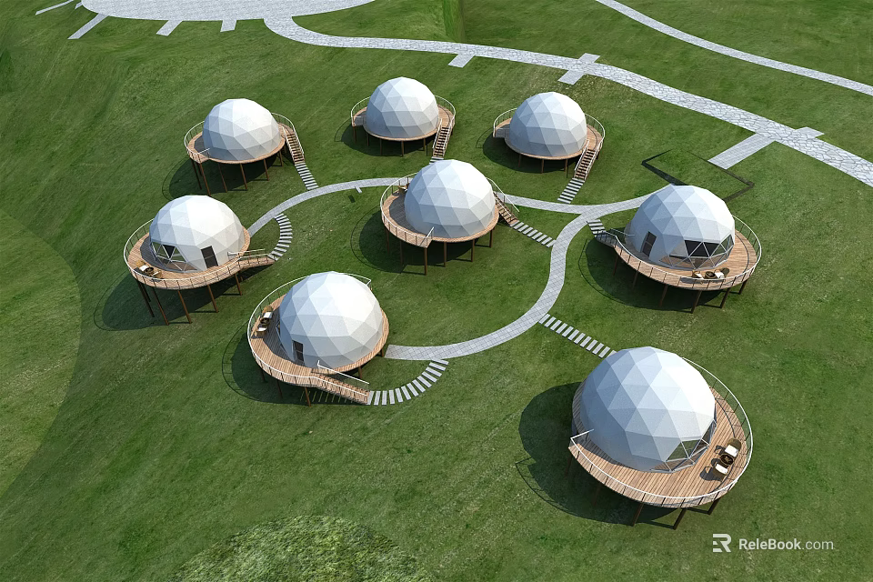 Scenic White Dome Structures Arranged On Green Grassland With Winding Paths 3d model 