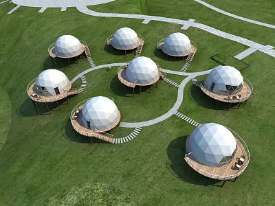 Scenic White Dome Structures Arranged On Green Grassland With Winding Paths 3d model