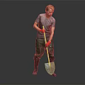 A Man Holding Shovel Wearing Gray T Shirt Green Pants And Red Gloves