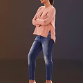 A Woman In Pink Top And Ripped Jeans Standing With Arms Crossed Against Blue Background