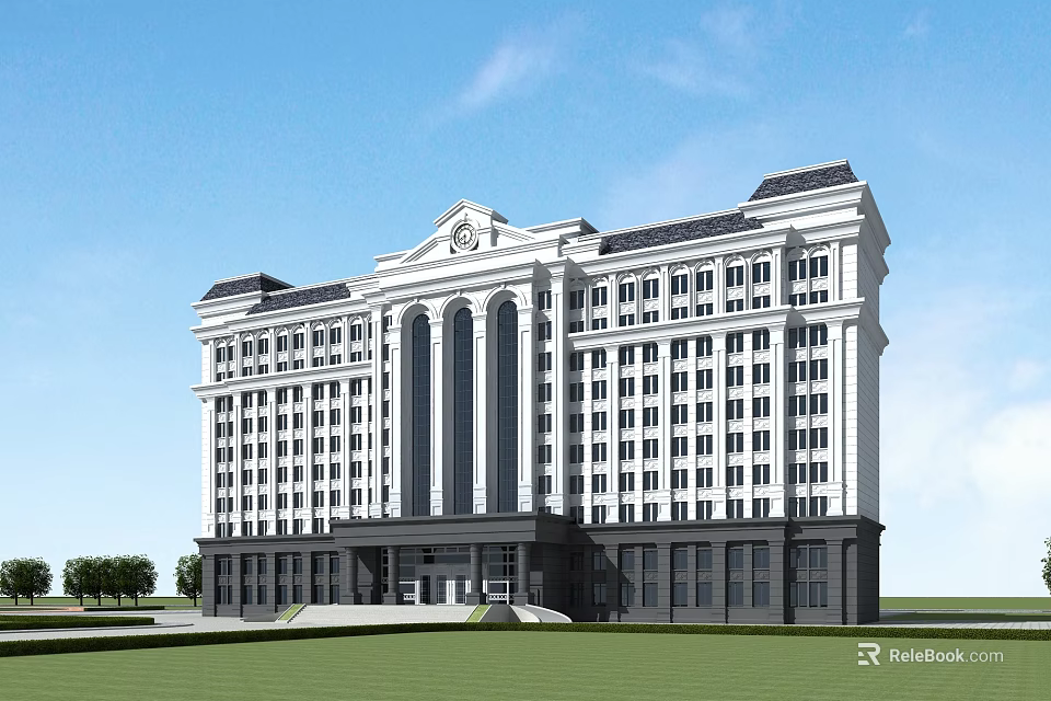 Modern Office Building Featuring Classical Architectural Elements Symmetrical Design White Exterior And Front Lawn 3d model 