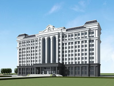 Modern Office Building Featuring Classical Architectural Elements Symmetrical Design White Exterior And Front Lawn 3d model