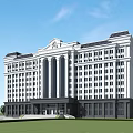 Modern Office Building Featuring Classical Architectural Elements Symmetrical Design White Exterior And Front Lawn