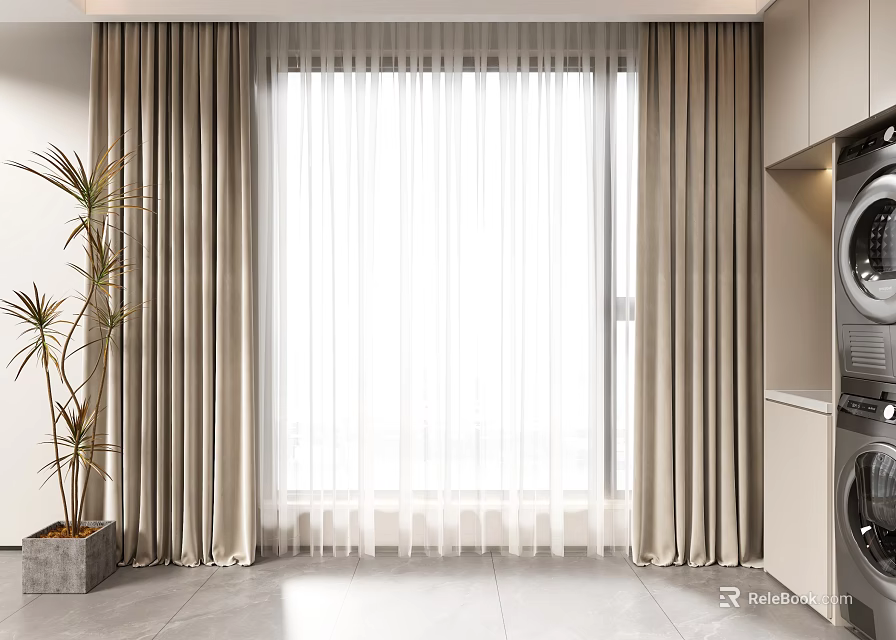 Modern Floor Length Curtains With Sheer Panels In Bright Window Laundry Area With Plant 3d model 