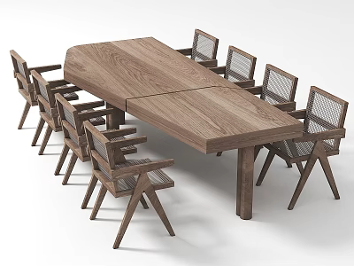 Modern Wooden Dining Table Set With Rectangular Top And Woven Back Chairs 3d model