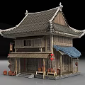 Traditional Chinese Ancient Building With Wooden Structure Tiled Roof Curved Eaves Red Lanterns And Carved Windows