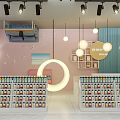 Specialty Store Interior Design Featuring Circular Counter Bright Lighting Product Shelves And Pink Blue Walls