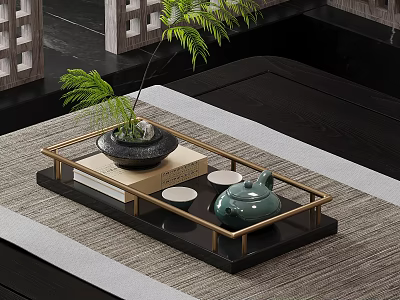 Chinese Style Tea Tray With Green Teapot Small Plant Book And Tea Cups 3d model