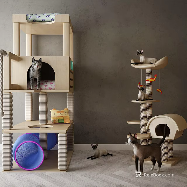 Stylish Multilevel Cat Furniture With Tree Scratching Posts And Interactive Toys 3d model 