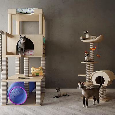 Stylish Multilevel Cat Furniture With Tree Scratching Posts And Interactive Toys 3d model