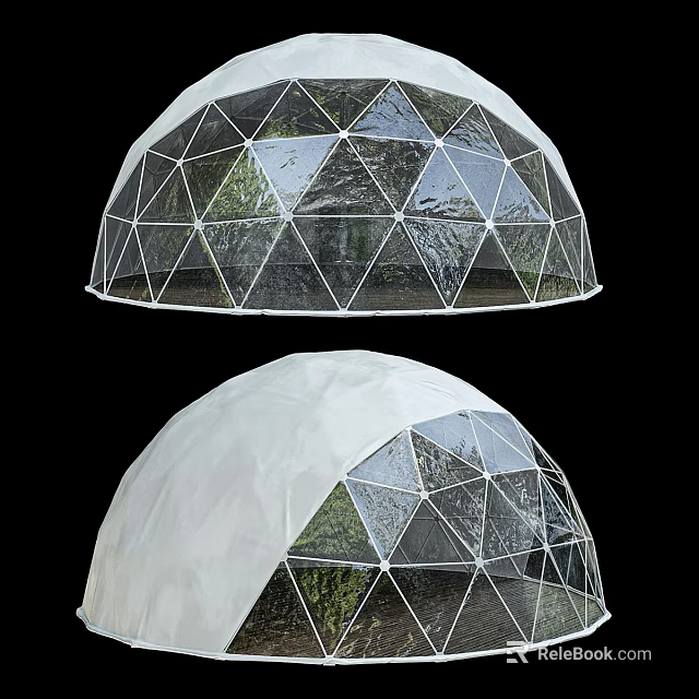 Geodesic Dome Structure Featuring Glass Panels And White Covering Frame 3d model 