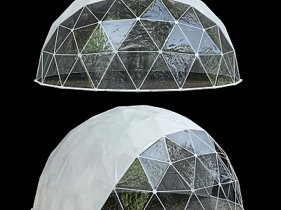 Geodesic Dome Structure Featuring Glass Panels And White Covering Frame 3d model