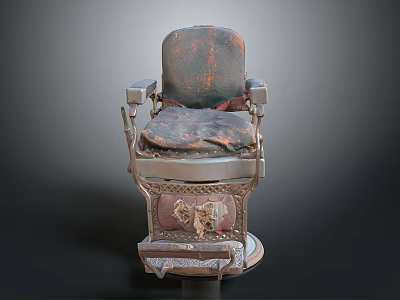 Vintage Barber Chair With Worn Leather Seat And Intricate Metal Frame Design 3d model