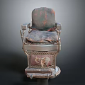 Vintage Barber Chair With Worn Leather Seat And Intricate Metal Frame Design