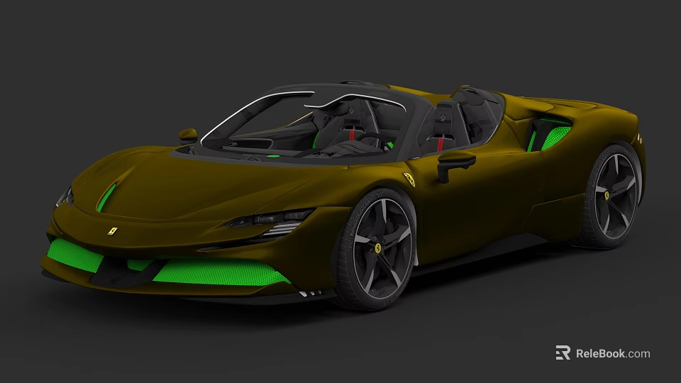 Ferrari Yellow Convertible Sports Car with Green Accents and Black Wheels 3d model 