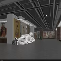 Museum Exhibition Hall Interior With White Reclining Sculpture Colorful Wall Paintings Industrial Ceiling And Lighting