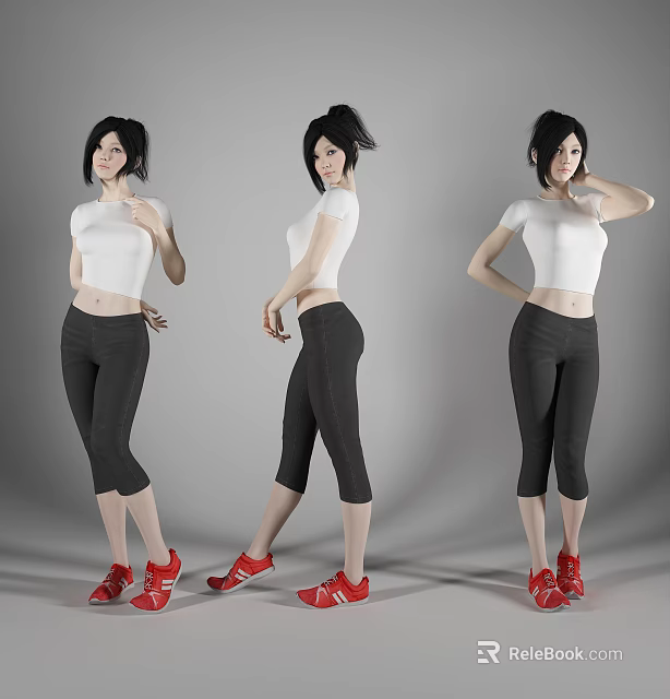 Woman In White Top Black Capri Pants And Red Sneakers With Different Poses 3d model 