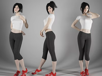 Woman In White Top Black Capri Pants And Red Sneakers With Different Poses 3d model