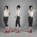 Woman In White Top Black Capri Pants And Red Sneakers With Different Poses