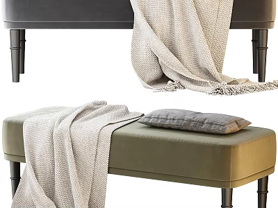 Dark Gray And Green Sofa Benches With Woven Blanket Gray Cushion And Black Metal Legs 3d model