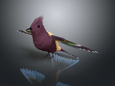 Crested Purple Bird with Yellow and Green Feathers Outstretched Wings on Reflective Surface 3d model