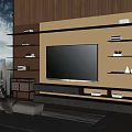 Modern TV Wall Unit With Multi-layer Wooden Shelves Built-in TV And Lighting In Living Room